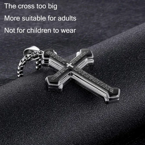 Vista 5 de Rehoboth Collar con colgante de cruz de oración del señor de acero inoxidable para hombre y mujer, colgante grande y cadena fuerte, 24 pulgadas