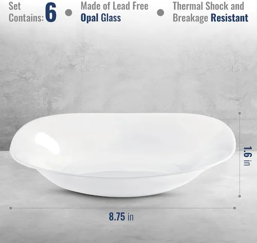 Vista 2 de Bormioli Rocco Parma - Juego de 6 cuencos para pasta y platos de sopa, vidrio ópalo templado de 8.75 pulgadas, blanco limpio, diseño lineal y curvo