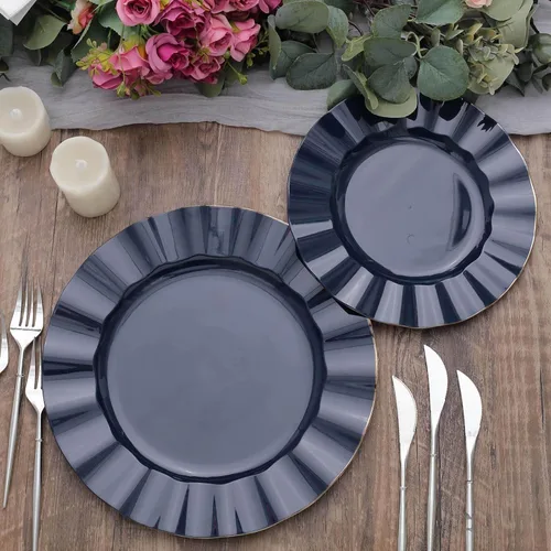 Vista 35 de Tableclothsfactory Paquete de 10 platos redondos de plástico negro de 6 pulgadas para ensalada de postre, platos desechables con borde ondulado