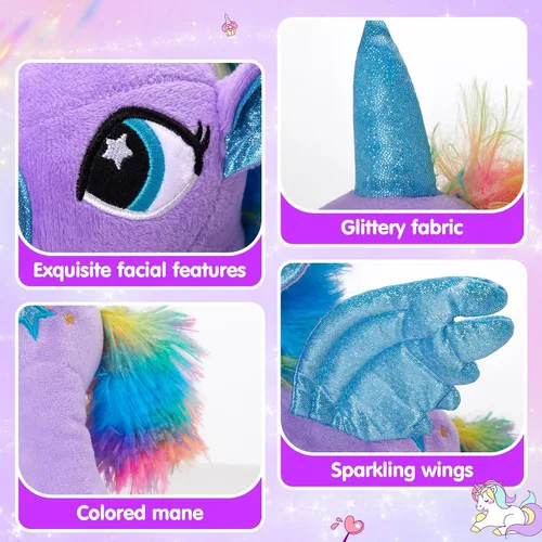 Vista 5 de Houwsbaby Peluche de unicornio con luz LED púrpura de 14 pulgadas, juguete de peluche de unicornio, juguete de peluche de caballo brillante, luz