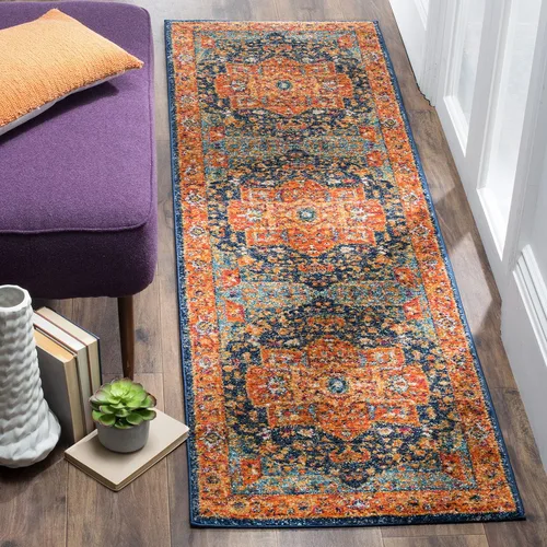Vista 15 de SAFAVIEH Evoke Collection EVK275C Medallón oriental envejecido, no desprende pelusa, 2'2" x 4', color azul/naranja, alfombra de acento para sala