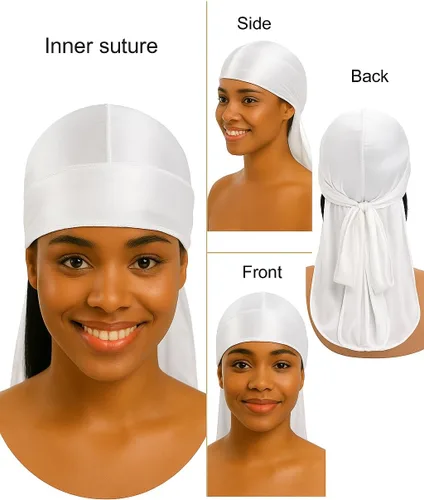 Vista 7 de Durag de seda suave para hombres y mujeres, ondas largas y dobles correas anchas