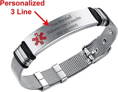 Vista 8 de Pulsera de malla de acero inoxidable personalizable con grabado láser, ajustable, alerta médica, pulseras de identificación de EE. UU. con tarjeta