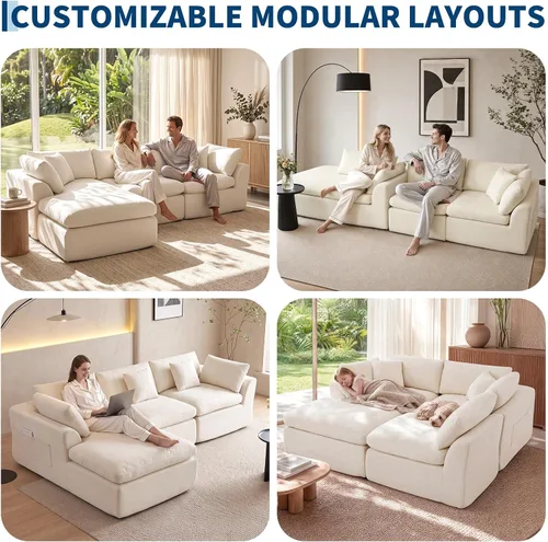 Vista 6 de Sofá nube sin hueso de 111 pulgadas en forma de L con diván, sofá modular de 3 plazas para sala de estar, sofás de felpilla deshuesados de gran Beige