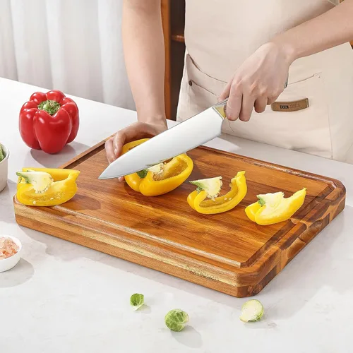 Vista 2 de Tabla de cortar grande de madera para cocina con asas para jugo, tabla de cortar, tabla de queso y tabla de embutidos (tabla de cortar rayada)