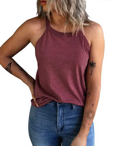 Vista 20 de KINLONSAIR - Camisetas sin mangas de verano para mujer con cuello redondo, estilo halter, para entrenamiento, casual, de tirantes, básicas A16_salmón