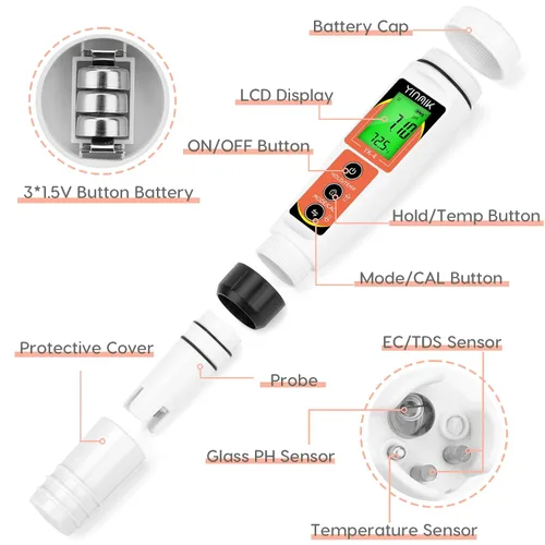 Vista 6 de Yinmik Medidor de pH, medidor digital 4 en 1 de pH EC TDS Temp para agua hidropónica, probador de agua impermeable DWC de pH y EC PPM