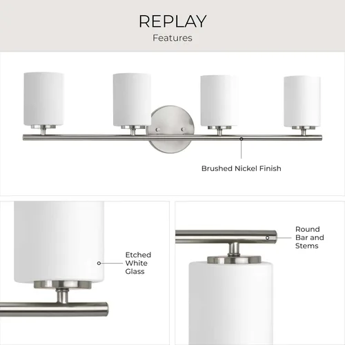 Vista 4 de Progress Lighting Lámpara moderna de tocador de baño de cristal blanco grabado con 4 luces, colección Replay, níquel cepillado (P2160-09)