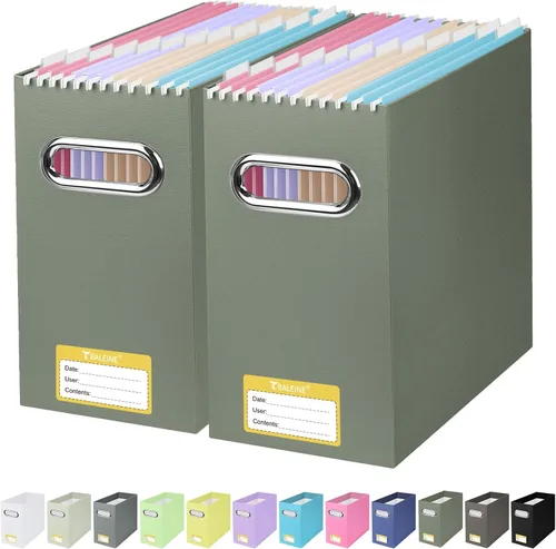 Vista 9 de BALEINE Caja organizadora de archivos, organizador de carpetas de archivos de cartón con asa para tamaño carta, caja de archivos plegable portátil