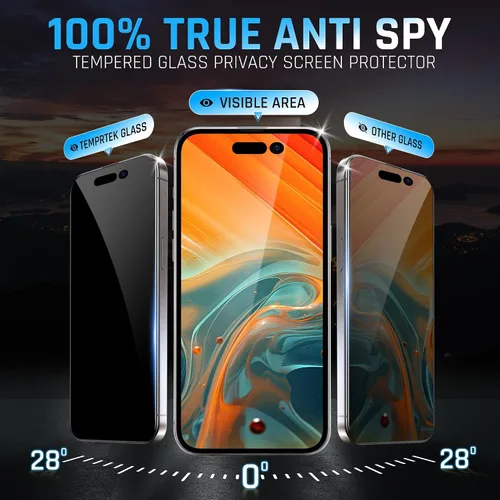 Vista 3 de TEMPRTEK+ 2 Pack para iPhone 14 Pro Protector de Pantalla de Privacidad, Vidrio Templado Antiespía, Resistencia a Rayaduras y Huellas Digitales