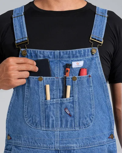 Vista 3 de HISEA Overol de mezclilla para hombre, overol de trabajo con correas ajustables y prácticos bolsillos para herramientas Azul lavado a la piedra