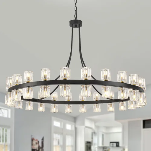 Vista 10 de Candelabro de rueda de vagón, 6 luces, rústico, rústico, de granja, de metal negro, lámpara de comedor de madera, candelabros redondos para entrada