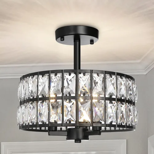 Vista 9 de Lámpara de techo redonda de cristal de 3 luces, moderna lámpara de pasillo de 12.6 pulgadas, lámpara de cocina semiempotrada cromada con pantalla