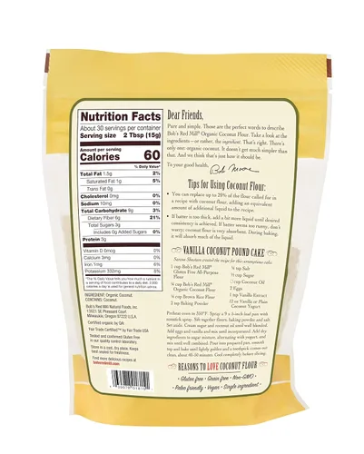 Vista 2 de Bob's Red Mill Harina de coco orgánica, 16 onzas (paquete de 1), sin OMG, certificado de comercio justo, vegano, apto para dieta cetogénica, apta