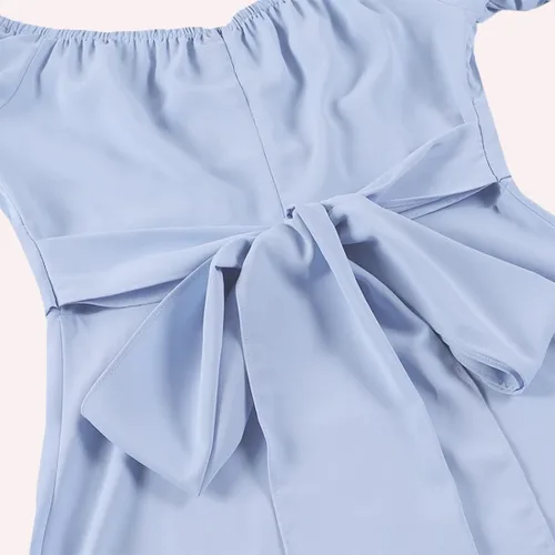 Vista 4 de LYANER Vestido para mujer con hombros descubiertos, envolvente, con volantes, manga corta abombada, fruncido y lazo en la espalda