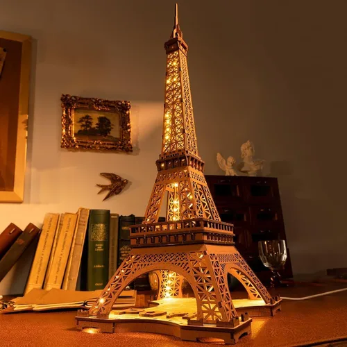 Vista 2 de ROBOTIME Rompecabezas 3D para Adultos Kit de Construcción de Modelos DIY con Luz LED Torre Eiffel de Madera Kit de Manualidades Conjunto de Juguetes