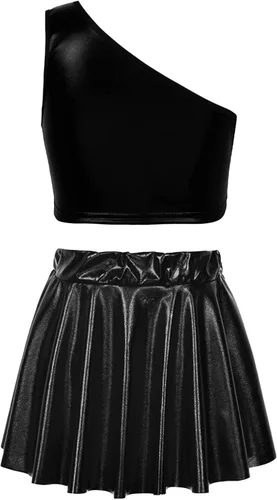 Vista 2 de Traje de baile de jazz de hip hop metálico brillante para niñas y niñas, top corto de un solo hombro con falda falda plisada