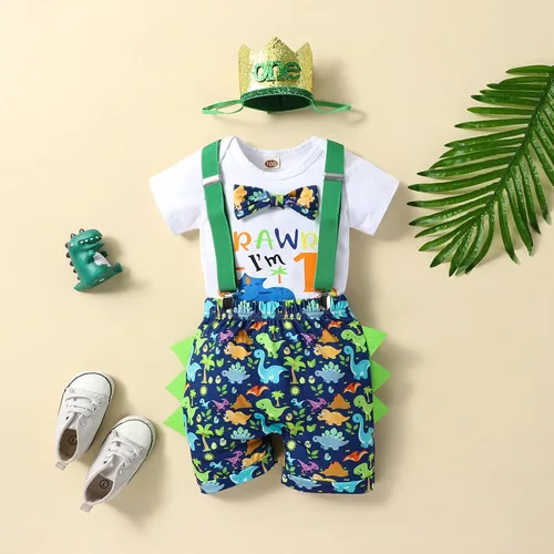 Vista 32 de Ropa divertida para el primer cumpleaños para bebé, ropa para bebé, con corbatín, mameluco, pantalones, conjunto de tirantes, trajes de pastel