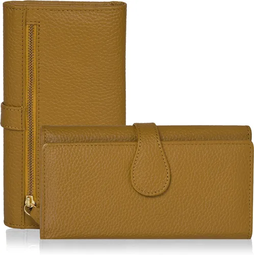 Vista 22 de Cartera de cuero genuino para mujer de cuero con bloqueo RFID - Tarjetero triple de diseñador para damas tipo clutch con ventana de identificación