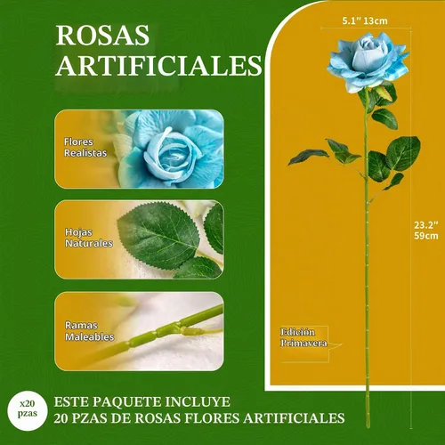 Vista 2 de Flores artificiales de 23.2 pulgadas, 20 rosas artificiales de tallo largo, flores artificiales de tallo largo para jarrón alto, rosa de seda, Azul