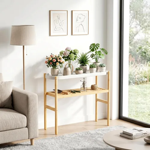 Vista 7 de Estantería de bambú Wisuce para interiores, mesa de 2 niveles de altura para ventana, soporte para múltiples plantas..