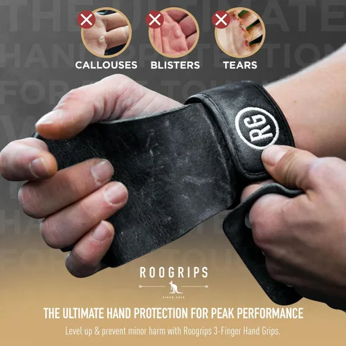 Vista 2 de RooGrips Empuñaduras de cuero de alta calidad de 3 dedos para barras de gimnasia, entrenamiento cruzado, gimnasio y entrenamientos en casa, barras