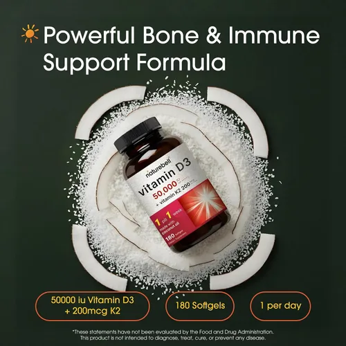 Vista 2 de NatureBell Vitamina D3 50,000 UI con Vitamina K2-180 Cápsulas blandas – Apoyo óseo e inmunológico de alta potencia* – Fácil absorción con aceite