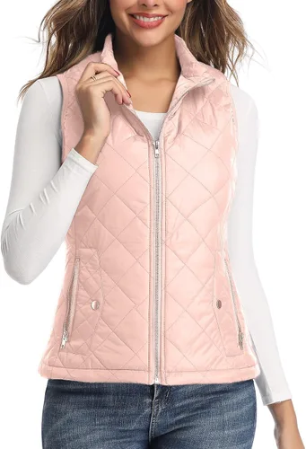 Vista 10 de LONGKING Chaleco de mujer, cuello alto, ligero, con cremallera, acolchado para mujer Rosa