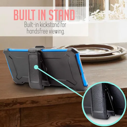 Vista 3 de Funda diseñada para Samsung Galaxy A02S, con soporte giratorio de vidrio templado con clip para cinturón, funda protectora de cuerpo completo Azul