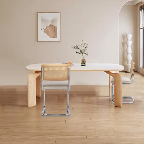 Vista 2 de Juego de 2 sillas de comedor de terciopelo con respaldo de ratán, diseño moderno Breuer con base cromada inoxidable sin brazos tapizada para Beige