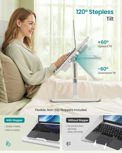 Vista 4 de SONGMICS ULLD113GZ01 - Escritorio de cama plegable para laptop, escritorio grande de 15.7 x 22 pulgadas, inclinación continua de 120°, altura Gris