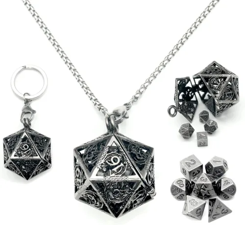 Vista 19 de Haxtec Juego Mini de Dados de Metal DND con Estuche de Collar Hueco Juego de Dados de Metal Pequeños Antiguos Juego de Llaveros D&D Portátil Juego