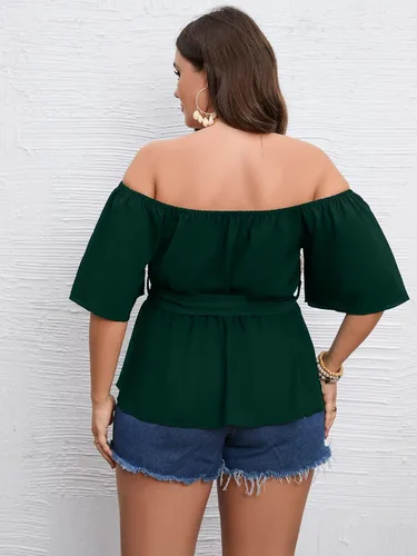 Vista 6 de SCOMCHIC Blusa peplum con hombros descubiertos para mujer, talla grande, media manga acampanada, cintura con lazo en la cintura, dobladillo