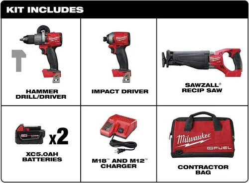 Vista 2 de El kit combinado de combustible Milwaukee 2997-23 incluye Sawzal alternativo de impacto de taladro