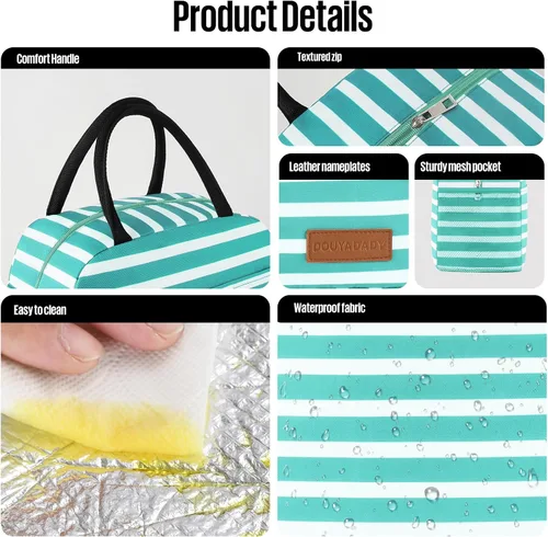 Vista 4 de douyadady Bolsa de almuerzo para mujeres/hombres, fiambrera mujeres/hombres (azul bebé+rayas blancas) Espacioso, ligero, impermeable, resistente