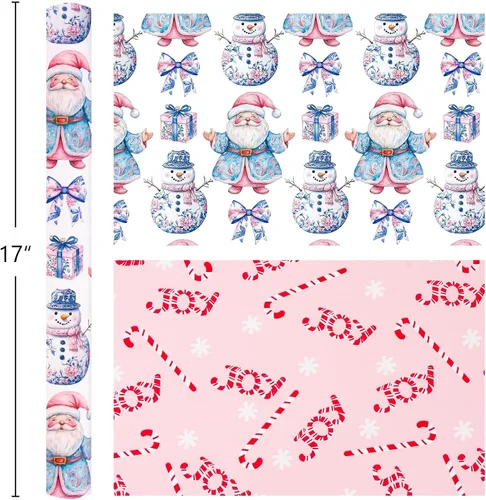 Vista 6 de Homeral Rollo de papel de regalo de Navidad, Papá Noel, muñeco de nieve y lazo y bastones de caramelo rosados, envoltura de regalo reversible