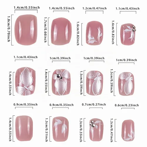 Vista 5 de 24 uñas postizas cortas a presión, color rosa RTKHFZE con diseño de mariposa blanca y diamantes de imitación, uñas postizas cuadradas de cobertura