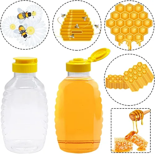 Vista 4 de Qinsihwn Paquete de 8 botellas de miel de plástico transparente de 16 onzas, contenedor de miel recargable de grado alimenticio, botella de miel