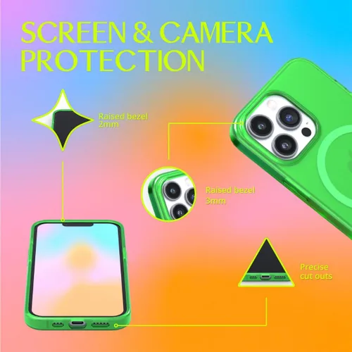 Vista 4 de FELONY CASE Funda para iPhone 14 Pro - Funda transparente verde neón, compatible con MagSafe - Funda protectora a prueba de golpes de 360° diseñada