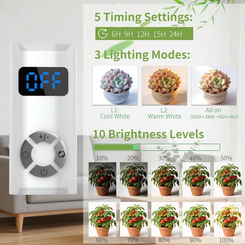 Vista 4 de Luz LED de cultivo para plantas de interior, luz de crecimiento de disco de espectro completo de 10 W con temporizador, lámpara magnética de cultivo