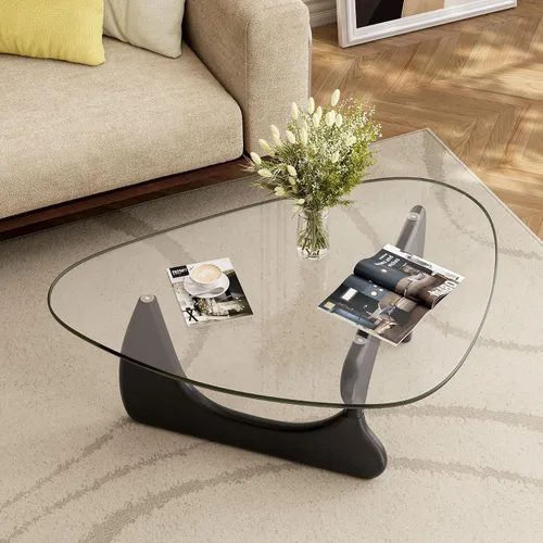 Vista 3 de Mesa de centro de cristal triangular moderna de mediados de siglo para sala de estar, mesa auxiliar minimalista para dormitorio, oficina y recepción