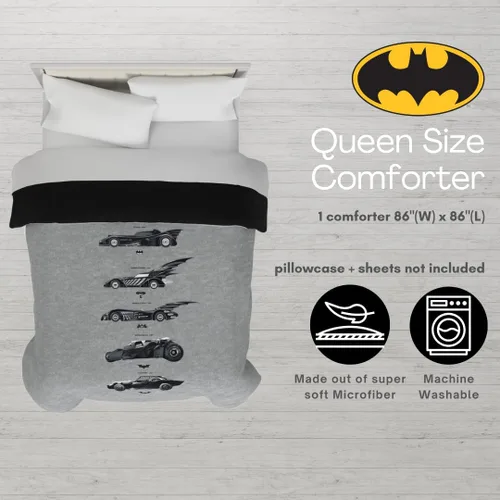 Vista 2 de Franco Collectibles Edredón reversible y súper suave de Batman de DC Comics, ropa de cama clásica de microfibra, tamaño reina