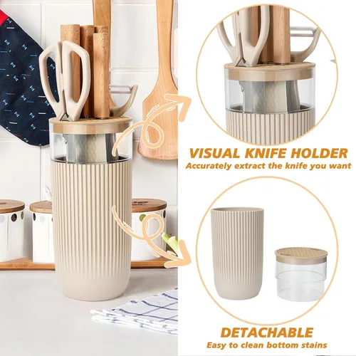 Vista 5 de Juego de cuchillos de cocina profesional de 7 piezas con bloque universal de cuchillos, juego de bloques de cuchillos súper afilados con mango Beige