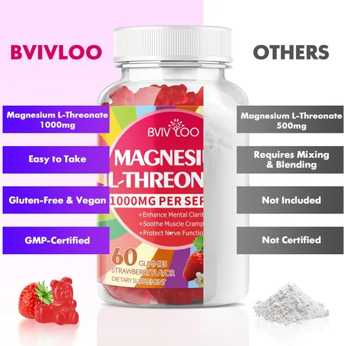 Vista 7 de Gomitas de magnesio L-treonato de 1000mg para niños y adultos - Apoyo para el sistema muscular y nervioso, veganas, sin azúcar sabor fresa, 60