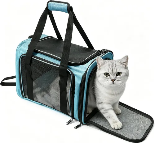Vista 13 de Transportador para perros para mascotas, hasta 25 libras, transportador de viaje plegable para cachorros con correa para el hombro y tapete Negro