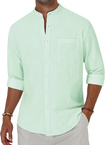 Vista 10 de Alimens & Gentle Camisas de algodón y lino para hombre, camisa de manga larga con botones, cuello de banda, camisas de playa