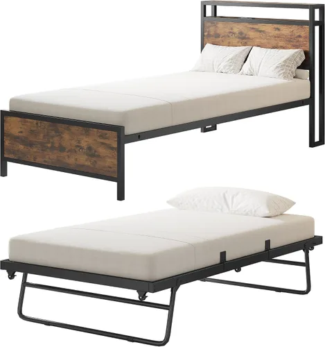Vista 8 de IRONCK - Sofá cama doble con cama nido, cabecera de almacenamiento y estación de carga Sturdy Metal Twin Bed Frame, Space-Saving Pop Up Trundle