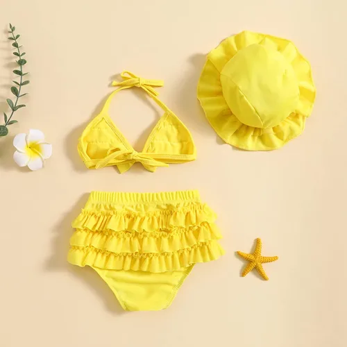 Vista 6 de Yccutest Traje de baño de flores para bebé, 3 piezas, parte superior triangular, parte inferior con volantes, sombrero para el sol, conjunto