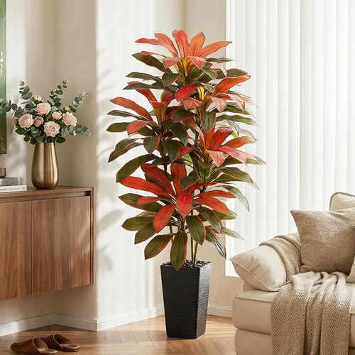 Vista 17 de Árbol de Dracaena artificial rojo de 6 pies, plantas falsas altas Hoja blanco-roja