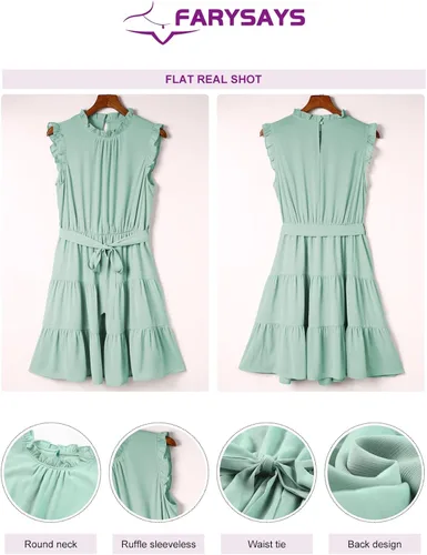 Vista 5 de FARYSAYS - Vestido corto sin mangas, con volados, cuello redondo y lazo en la cintura para mujer vestido casual corto con falda estilo campana